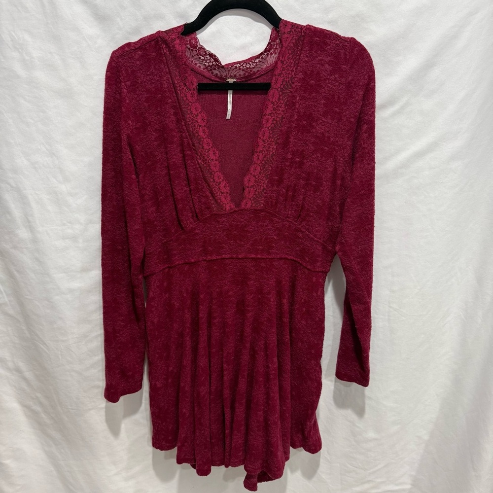 Free People Boho Lace‎ Trim Deep V Fit & Flare Dress Velvet Burnout Pockets Fall